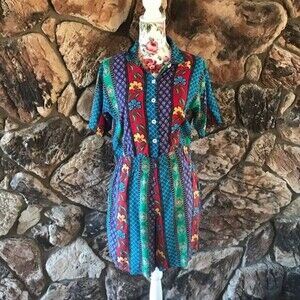Vintage Floral Stripe Pattern Romper w/ Pockets